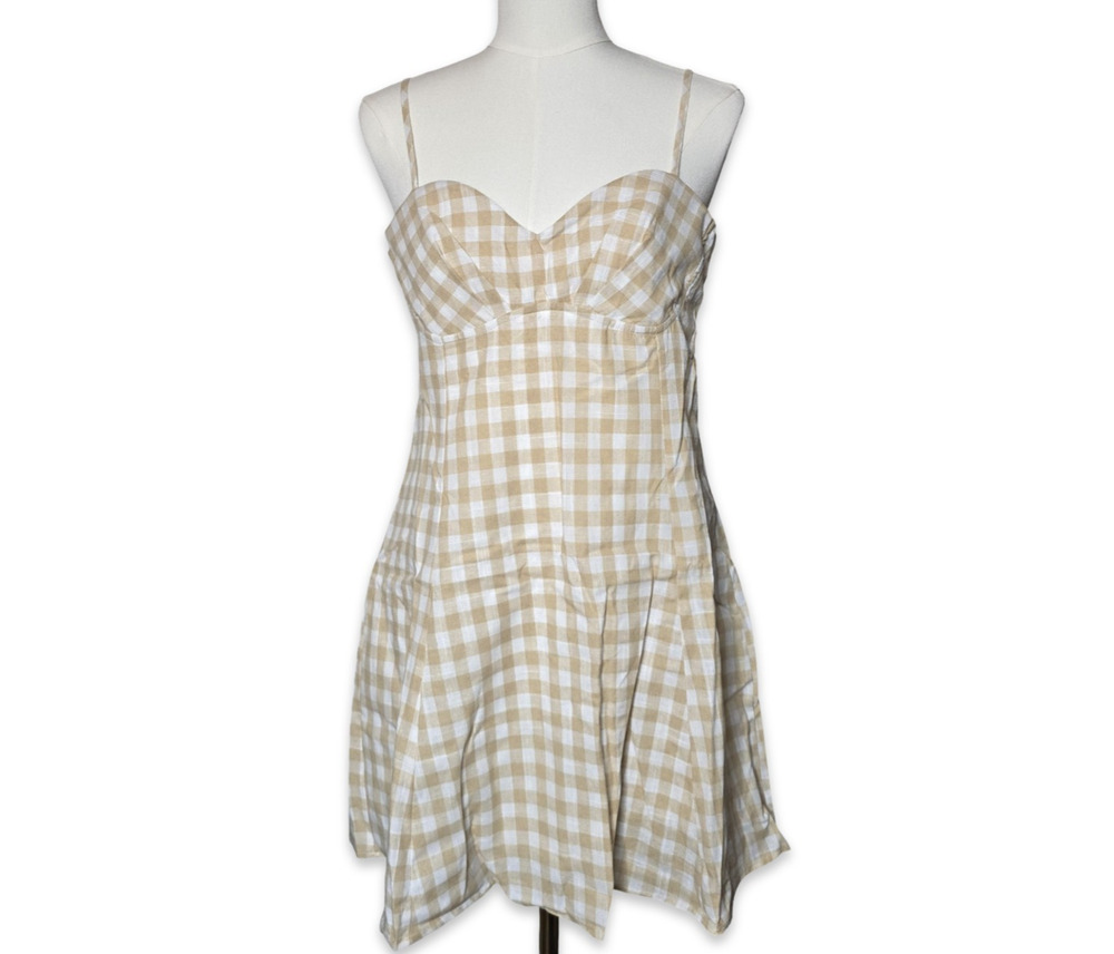Promesa Gingham Mini Dress Womens Large Tan White Sweetheart‎ NWT Fully Lined
